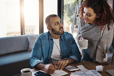 Buy stock photo Couple with list for budget, finance and bills with paperwork of financial debt, talking about savings and income. Mortgage, insurance and taxes, African man and woman at table with home bookkeeping