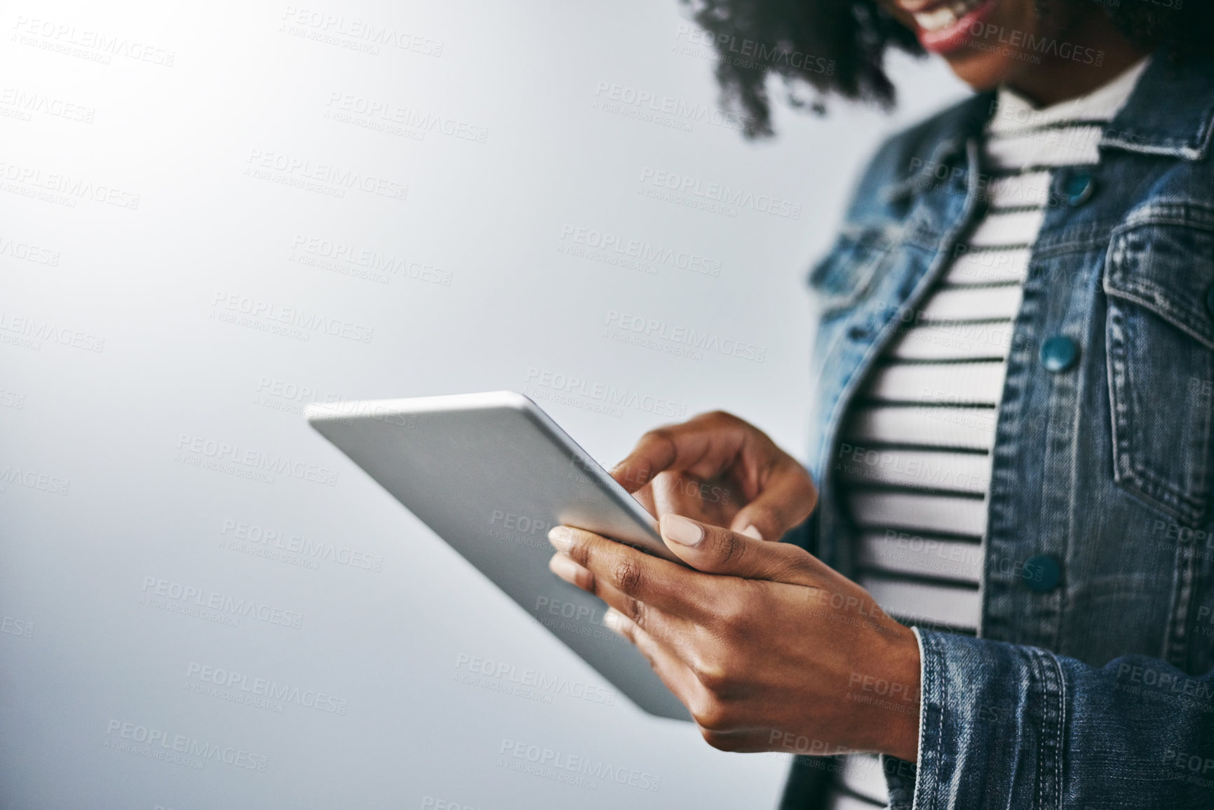 Buy stock photo Hands, review and woman with tablet in studio for choice, contact or networking on internet space. Scroll, mockup or girl on digital app for online vote, social media or report on white background