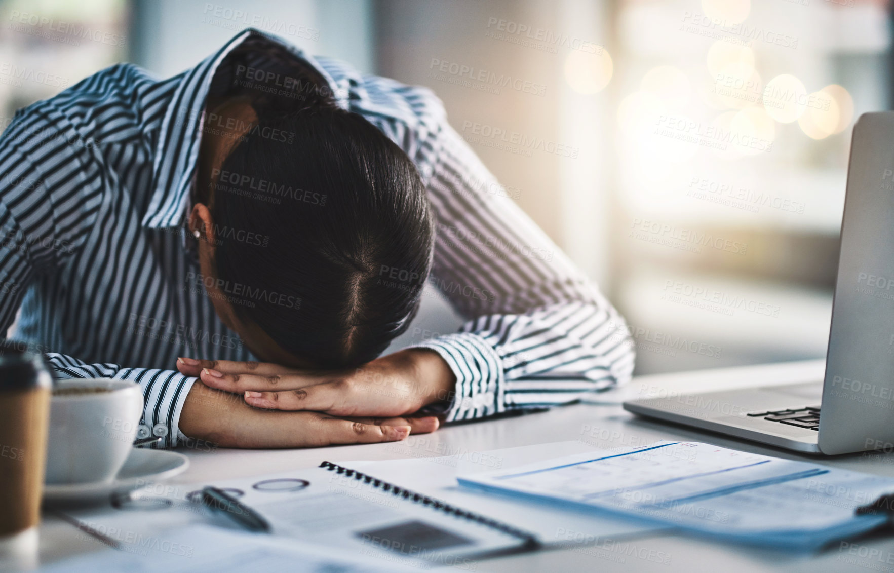 Buy stock photo Sleeping, stress and business woman in office for headache, overworked and tired. Exhausted, burnout and mental health with female employee resting at desk for fatigue, dreaming and frustrated