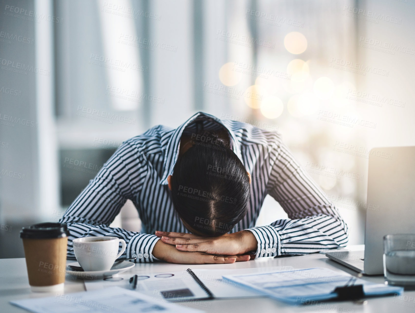 Buy stock photo Sleeping, tired and business woman at desk for headache, overworked and stress in office. Exhausted, burnout and mental health with female employee resting for fatigue, dreaming and frustrated