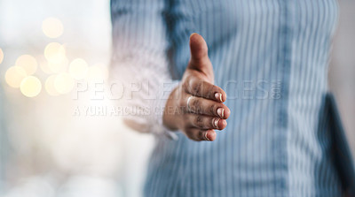 Buy stock photo Businesswoman, offer or handshake closeup for job interview, funding agreement or b2b deal. Recruiter, employer or hr manager meeting applicant for opportunity, partnership or office introduction