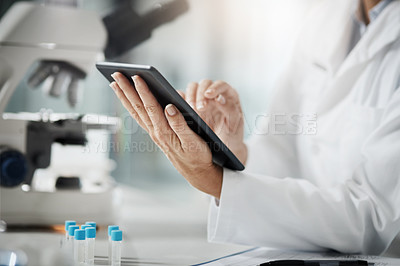 Buy stock photo Hands, scientist and scroll with tablet in lab for medical research, experiment solution and health innovation. Person, digital and investigation results, pharmaceutical report and vaccine discovery