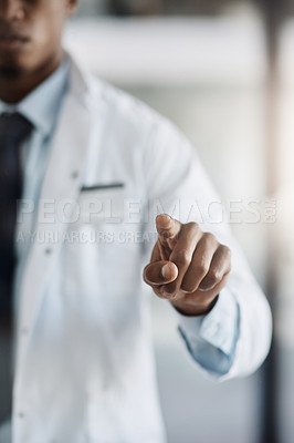 Buy stock photo Scientist, future and hand on touchscreen in lab for Ai research, medical investigation or discovery. Person, press or click in digital system for biometric, experiment results or vaccine innovation