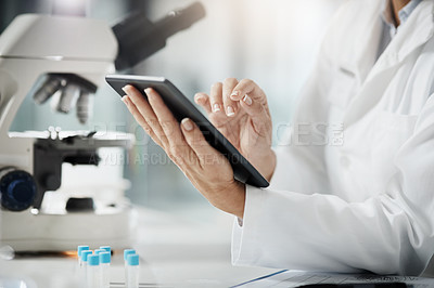 Buy stock photo Hands, scientist and person with tablet in lab for medical research, experiment solution and health innovation. Expert, digital and investigation results, pharmaceutical report and vaccine discovery