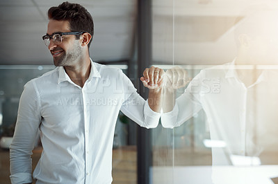 Buy stock photo Smile, thinking and business man in office on glass wall for professional insight, mindset or inspiration. Happy worker, idea and planning future, vision or reflection for solution or career decision