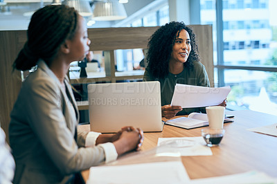 Buy stock photo Meeting, paperwork and business women in discussion for teamwork, strategy or partnership. Laptop, smile or people talking in office for feedback review, documents or project briefing for planning