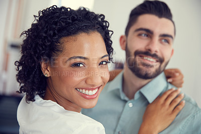Buy stock photo Cropped shot of a young affectionate couple in the office
