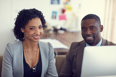 Buy stock photo Portrait of a young businessman and businesswoman in the office