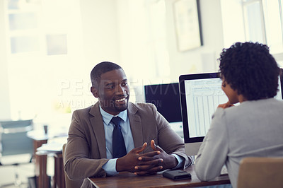 Buy stock photo Cropped shot of a young businessman and businesswoman talking in the office