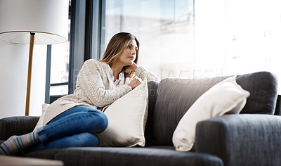 Buy stock photo Relax, thinking and calm woman on sofa with memory, remember or peaceful reflection in her home. Idea, nostalgia and calm female person in a living room with quiet me time, resting chilling in house