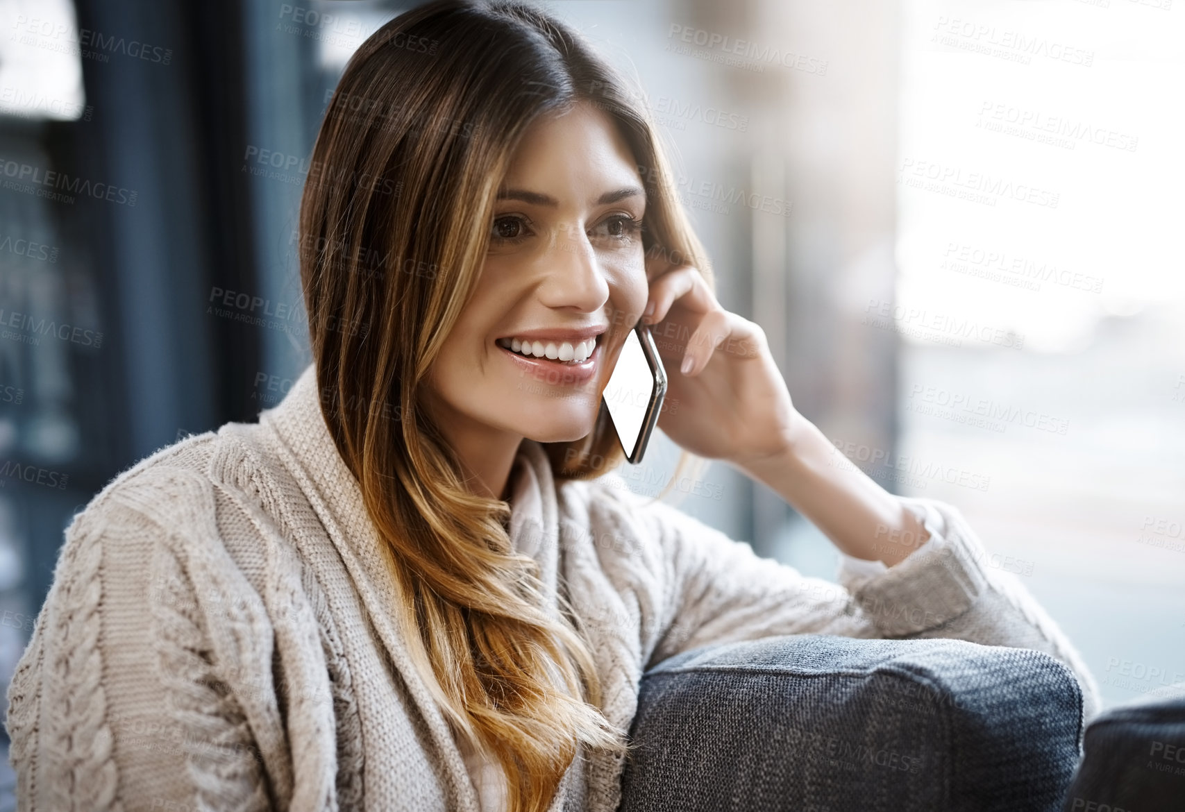 Buy stock photo Happy, woman and phone call on a sofa with contact, gossip or web communication on weekend at home. Smartphone, conversation in living room with service provider for sign up, faq or subscription info