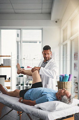 Buy stock photo Physiotherapy, leg pain and man with elderly patient for orthopedic care, consulting and wellness. Chiropractor, healthcare and physical therapist with person for rehabilitation, support and healing