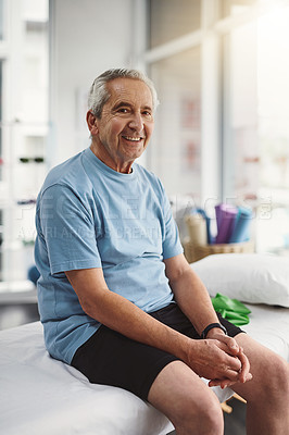 Buy stock photo Portrait, smile and old man in rehabilitation center for holistic healing, chiropractor and physiotherapy. Healthcare, wellness and consulting with senior patient in physical therapy clinic for exam