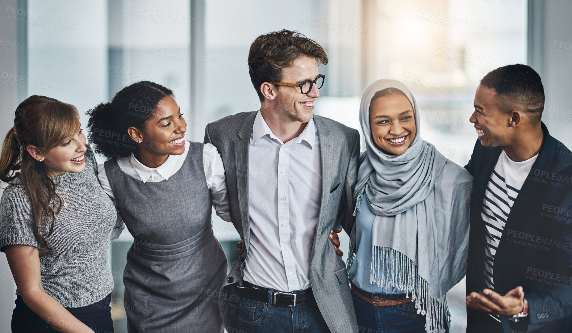 Buy stock photo Support, teamwork and business people embrace with smile, confidence or solidarity at global consultancy. About us, happy men and women in office for professional collaboration, equality or diversity