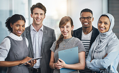 Buy stock photo Portrait of confident young business people standing inside of the office at work during the day