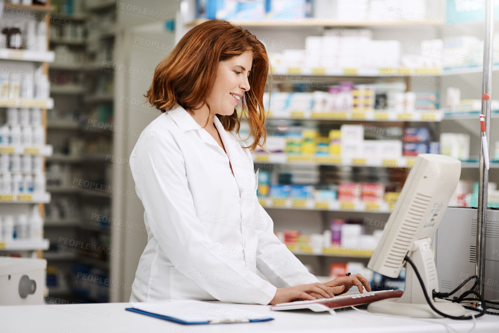 Buy stock photo Pharmacist, computer and inventory for stock, check and medicine in drugstore, chemist or services. Female person, advice and pharmaceutical in store for prescription, pills or information with tech