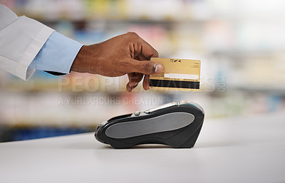 Buy stock photo Man, hand and pharmacist with credit card on machine for payment, purchase or swipe in checkout at pharmacy. Hands of person, medical or healthcare expert paying on pos system at pharmaceutical store