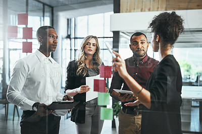 Buy stock photo Sticky notes, teamwork and discussion of group, office and collaboration of employees for stock market. Brainstorming, trader and people with ideas, ambitious and planning for investment opportunity