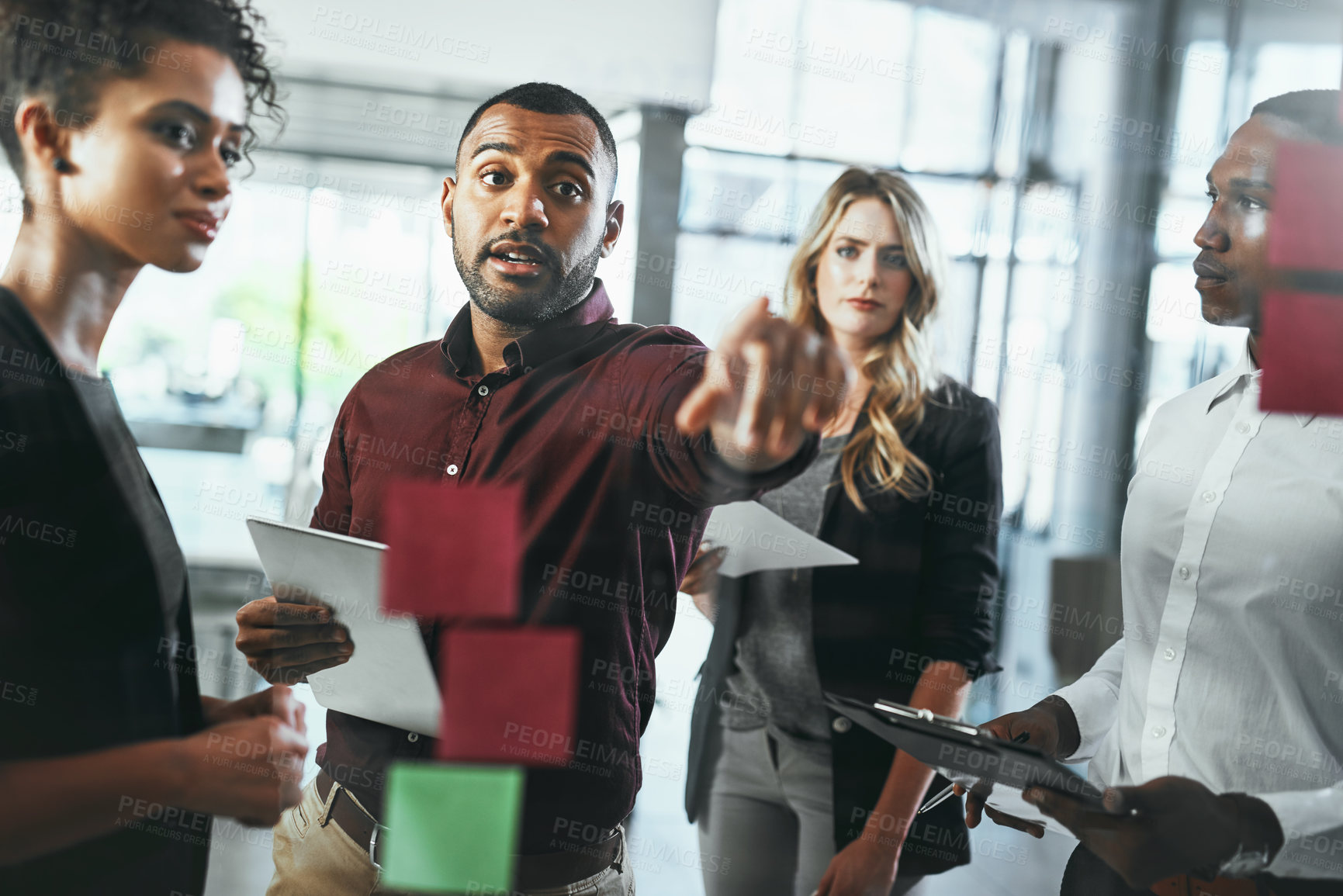 Buy stock photo Sticky notes, men and planning of group, pointing and collaboration of employees for stock market. Discussion, trader and people with ideas, women and brainstorming for investment opportunity