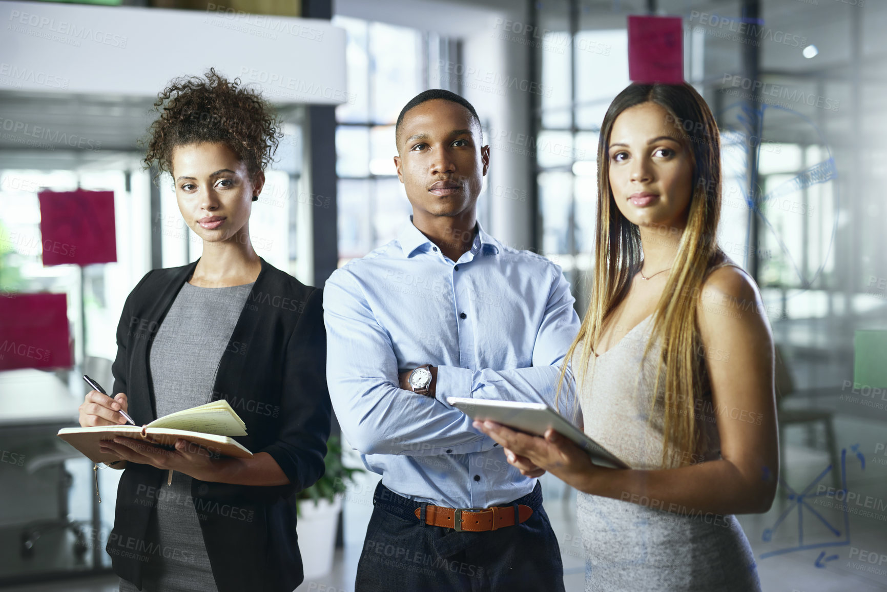 Buy stock photo Portrait of a group of young businesspeople working together in a modern office