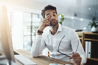 Buy stock photo Stress, tired and a man at work with burnout, email problem or anxiety from a deadline. Corporate, working and a businessman with fatigue, mental health issue and mistake in professional job