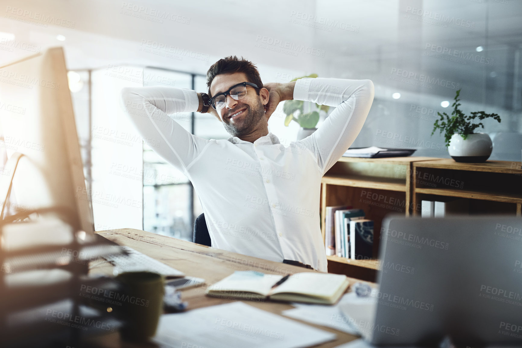 Buy stock photo Businessman, satisfied and resting on computer at office with email notification for good news. Male person, employee and lens flare with research results for project or task with relaxing and smile