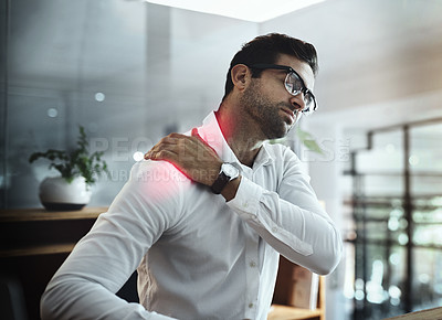 Buy stock photo Health, fatigue and man in office with shoulder pain, ergonomic stress and burnout at desk. Posture, frustrated and tired businessman with muscle injury, massage and consultant with workplace strain