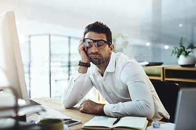 Buy stock photo Man, sleeping and office for employee burnout, tired finance consultant and project mistake or fail. Male person, professional nap and workplace fatigue at desk, mental health and trader depression