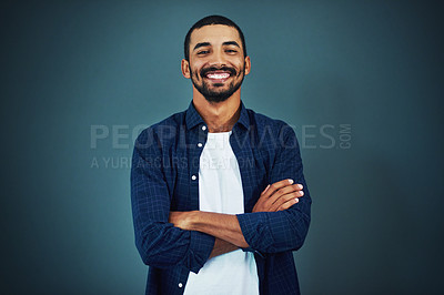 Buy stock photo Arms crossed, designer or portrait of happy man with fashion, pride and confidence in studio. Trendy model, male person or entrepreneur with smile, mockup space or style isolated on dark background