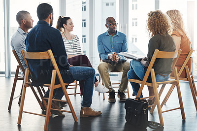 Buy stock photo Meeting, people and collaboration speaking in office for teamwork, debate or brainstorming and diversity. Group discussion, men and woman with counselling for industrial psychology and talk together