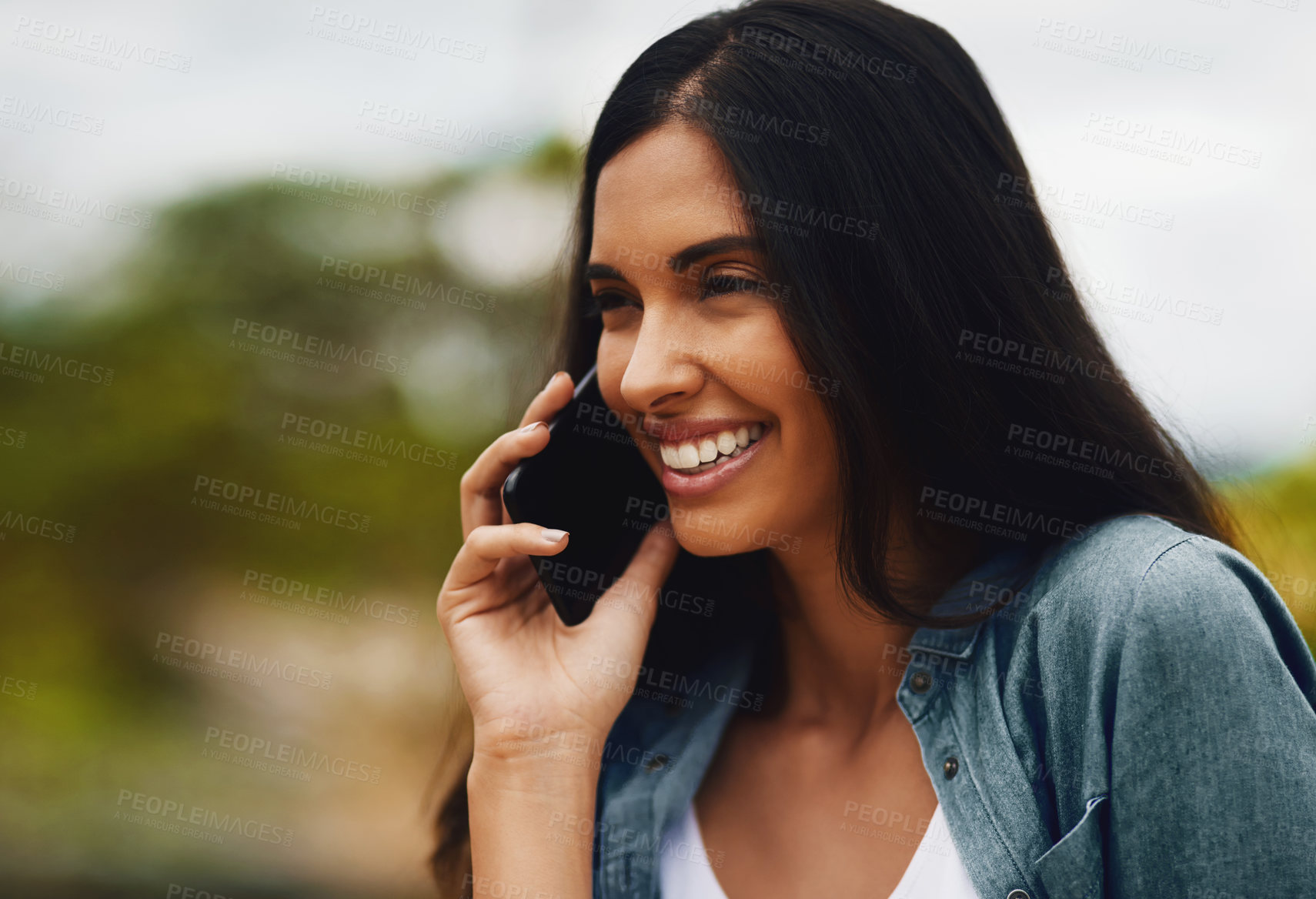 Buy stock photo Smile, outdoor and woman with cellphone, phone call and contact with network, digital app and chatting. Person, mobile user or girl with smartphone, internet and connection with communication and joy