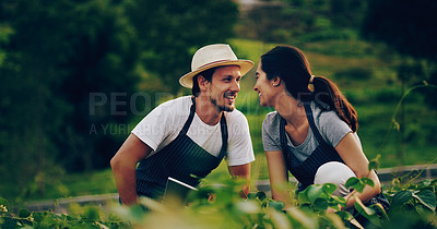 Buy stock photo Shot of a happy young couple working in a garden together