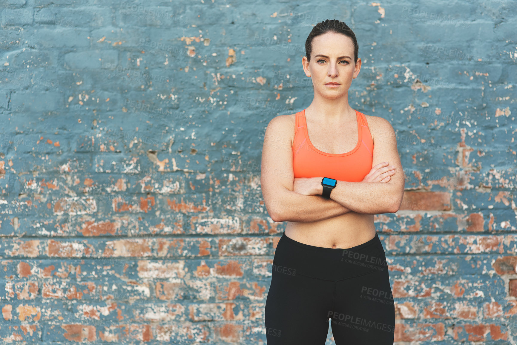 Buy stock photo Portrait, fit and woman in arms crossed, smart watch and sportswear for wellness, exercise or health. Female athlete, gym and outdoor for workout, training and sport in confidence, fitness and pride