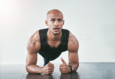 Buy stock photo Fitness, plank and black man in gym for exercise, training and wellness for healthy lifestyle. Sports, male person and workout for healthcare, resilience and pilates or athlete with commitment