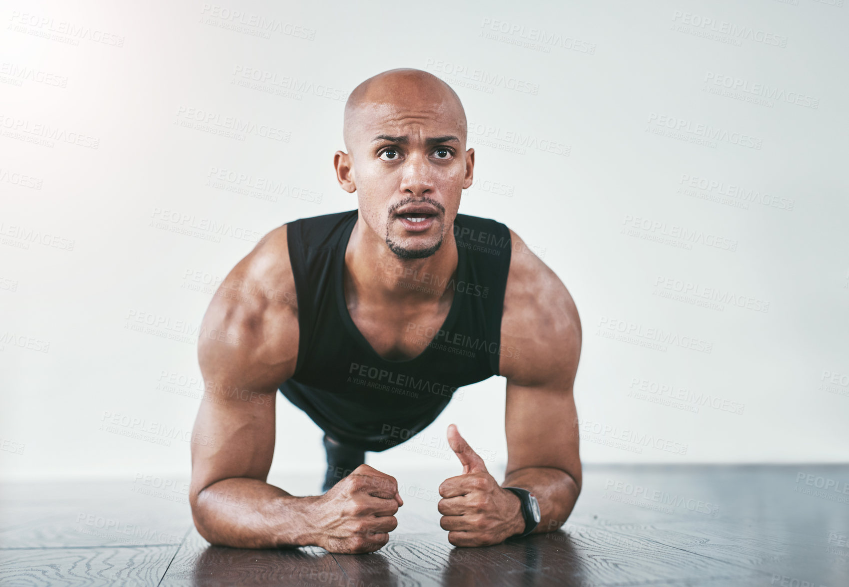 Buy stock photo Fitness, plank and black man in gym for exercise, training and wellness for healthy lifestyle. Sports, male person and workout for healthcare, resilience and pilates or athlete with commitment