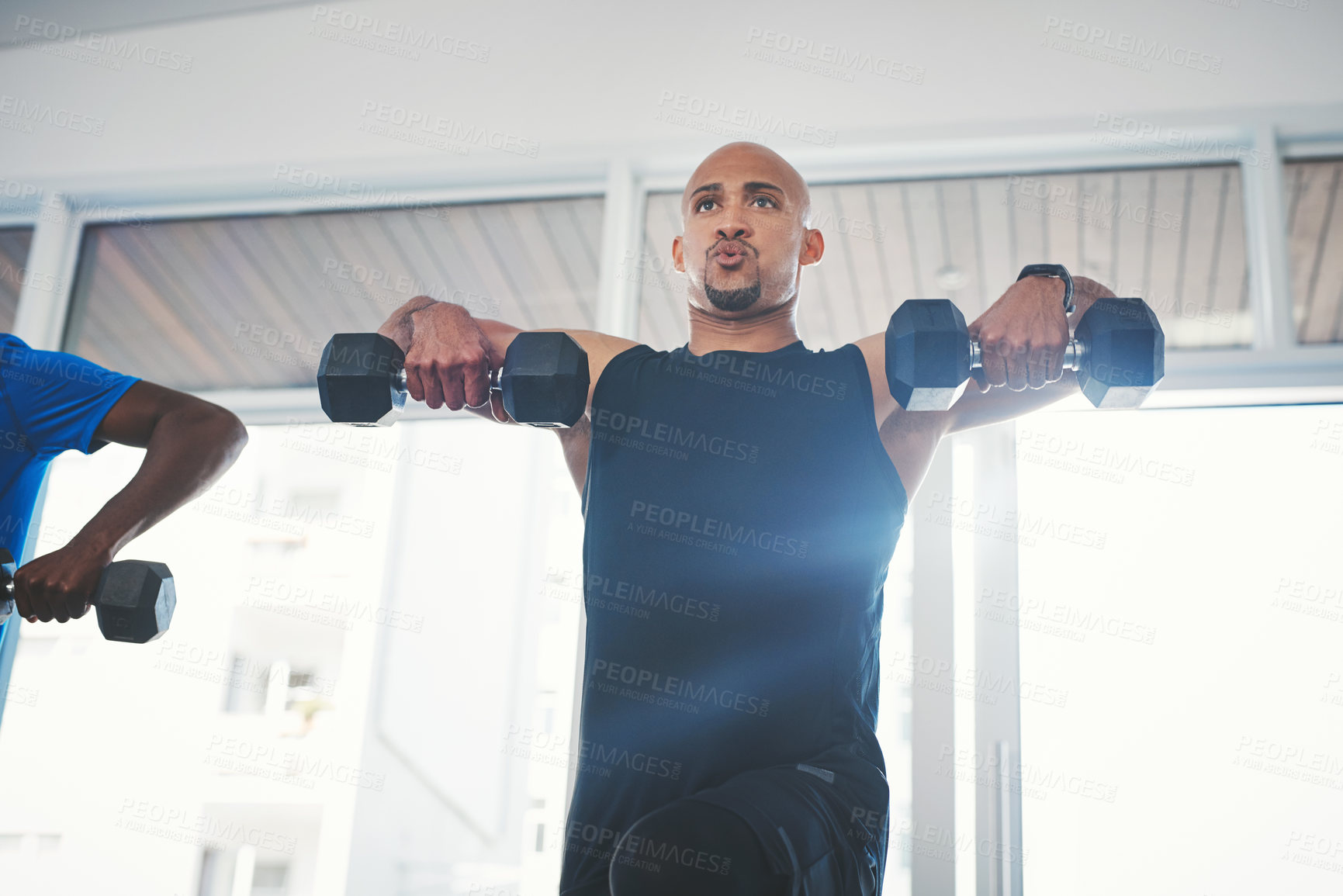 Buy stock photo Fitness, dumbbell and black man in gym for workout, training and wellness for healthy lifestyle. Sports, male person and exercise for muscle strength, resilience and cardio or athlete with commitment