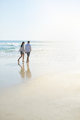 Buy stock photo Beach, walking and couple with love, travel and journey with romance, getaway trip and vacation. Back, outdoor and man with woman, seaside and mockup space with relationship, holiday and marriage