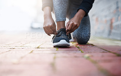 Buy stock photo Exercise, tie and and laces of female athlete or running shoes or hands and healthy woman with knee on the floor. Training, work out and foot or lady runner starts fitness routine in closeup