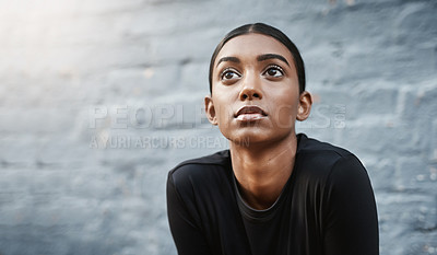 Buy stock photo young woman, workout and thinking of training or routine or fitness and isolated on grey wall outdoors. Exercise, marathon and female runner or vision for wellness or outside and mock up background