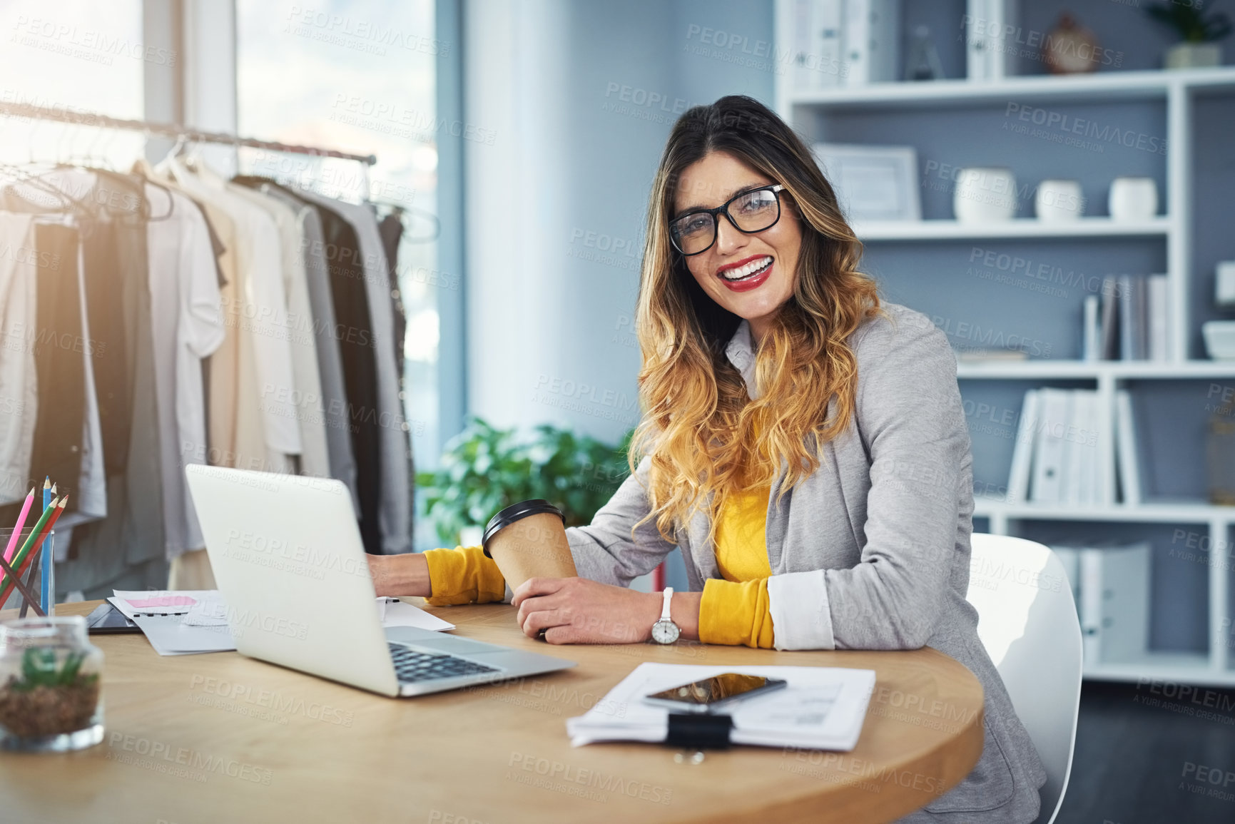 Buy stock photo Fashion, laptop and portrait of woman designer with coffee and happy for startup company growth in sales. Ecommerce, retail and working small business entrepreneur of a boutique in a office