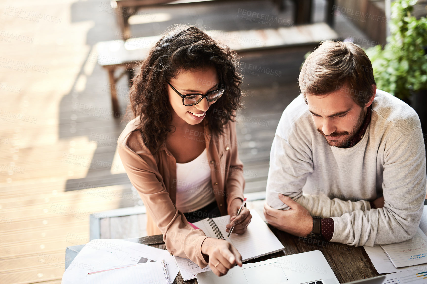 Buy stock photo Business people, teamwork and talking in meeting at cafe with top view, paperwork or remote work. Collaboration, data analysis and happy for brainstorming ideas with strategy, planning or solution