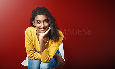 Buy stock photo Portrait, recruitment or Indian girl in waiting room for hr meeting, help or career choice advice on red background. Hiring, internship or student at consultant office for job shadowing opportunity