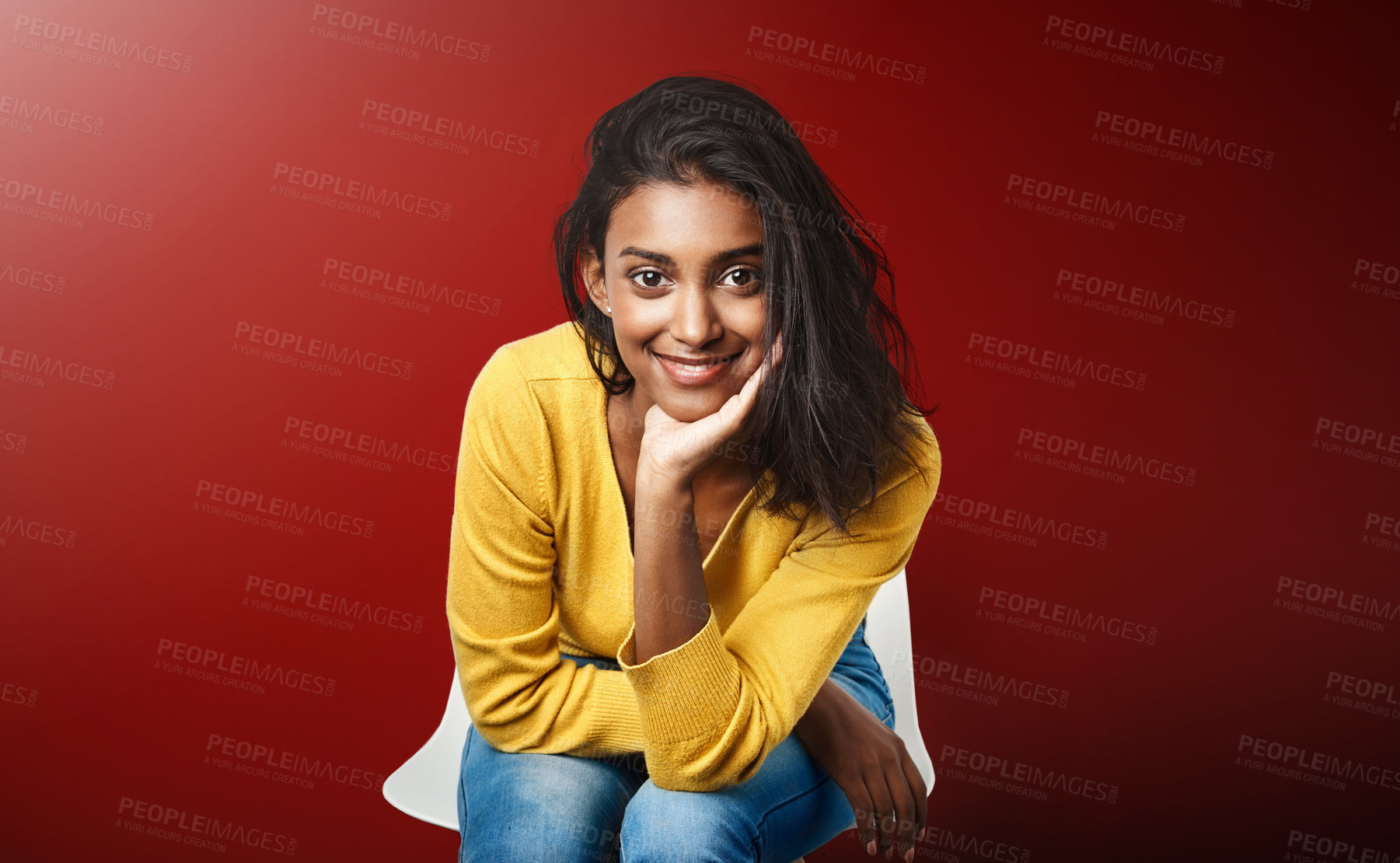 Buy stock photo Recruitment, portrait or Indian girl in waiting room for hr meeting, help or career choice advice on red background. Hiring, internship or student at consultant office for job shadowing opportunity