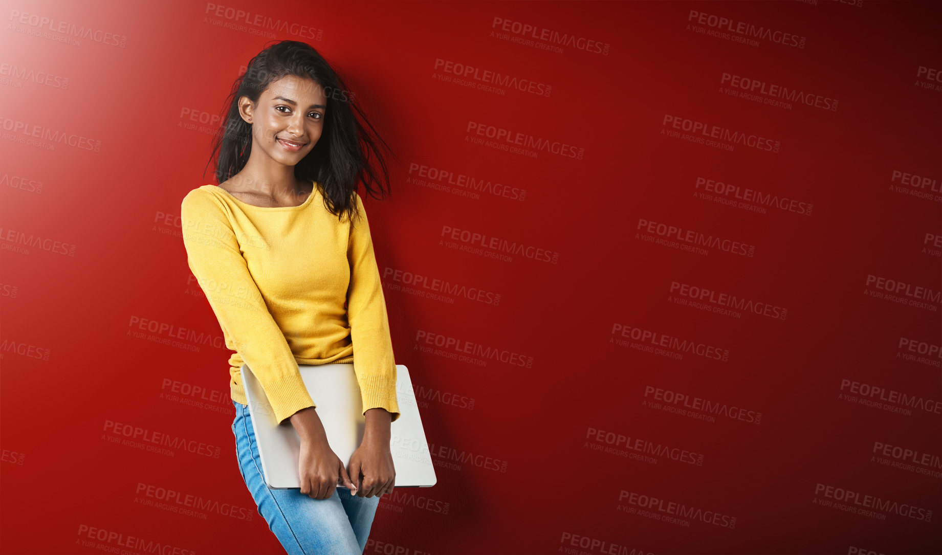 Buy stock photo Woman, happy student and portrait with a laptop for university and school work with mockup. Isolated, red background and studio with a young Indian female person with smile and computer for college