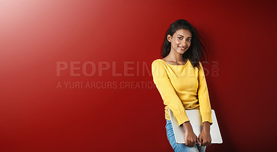 Buy stock photo Woman, student and smile portrait with a laptop for university and school work with mockup. Isolated, red background and education work of a young Indian female person with computer for college