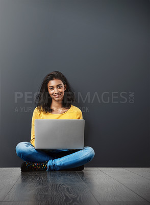 Buy stock photo Woman in portrait, laptop and tech, student typing with education, mockup space and connectivity. Elearning, smile and female person studying online, research for project and internet connection