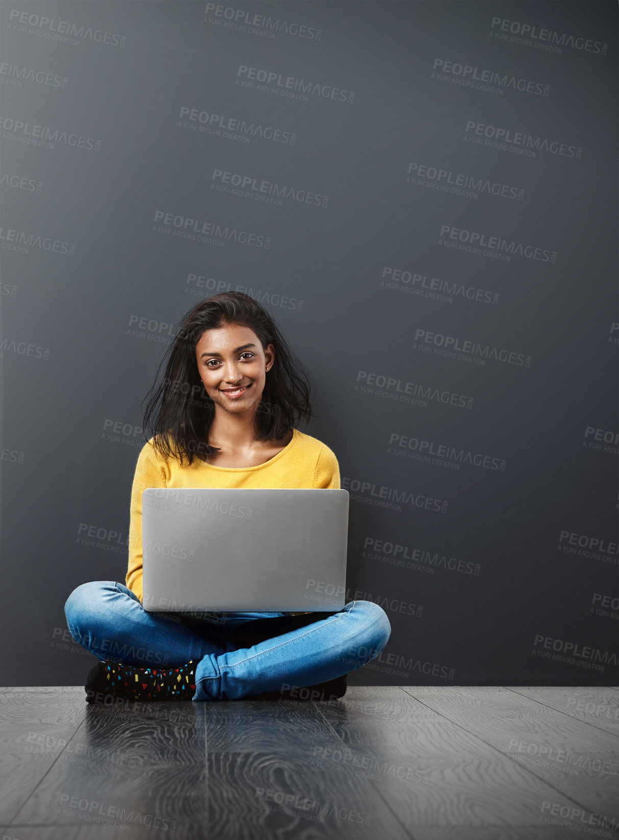 Buy stock photo Woman in portrait, laptop and tech, student typing with education, mockup space and connectivity. Elearning, smile and female person studying online, research for project and internet connection