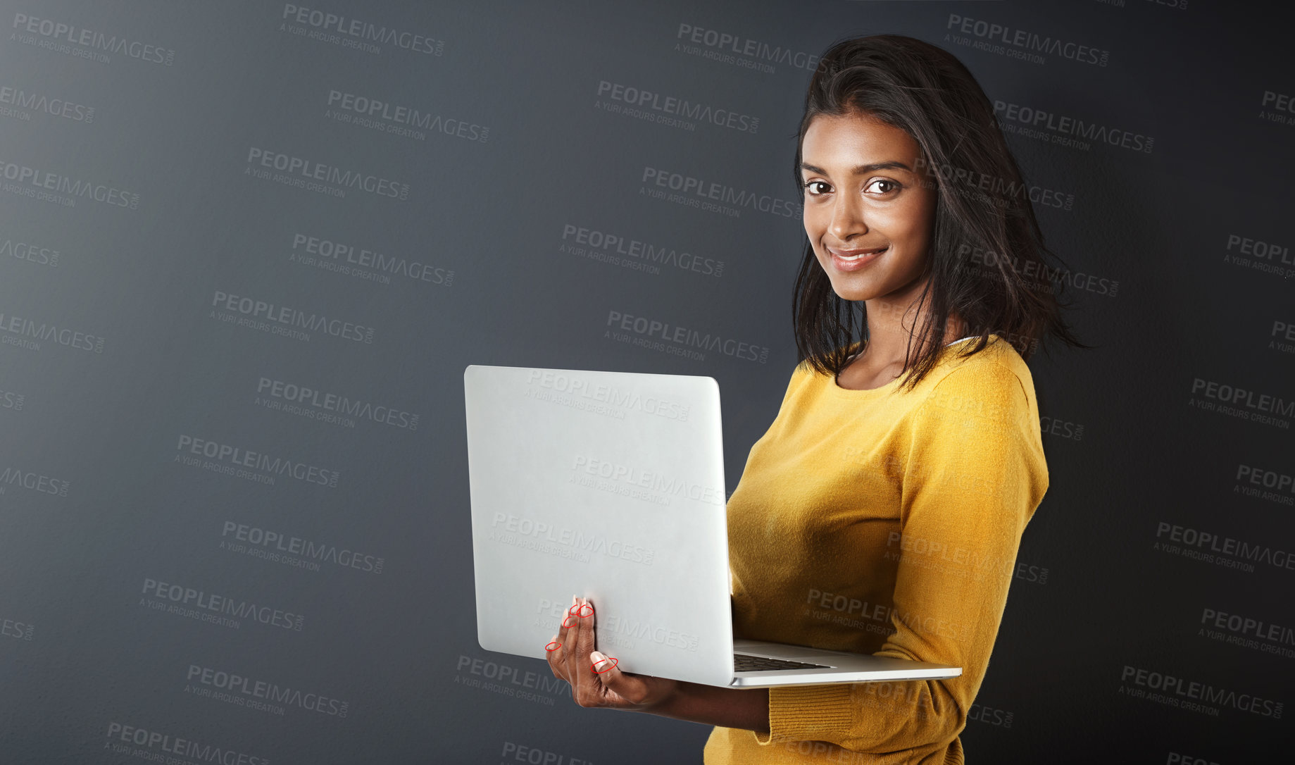 Buy stock photo Laptop, portrait and woman blogging or working online, internet or web isolated on a gray studio background. Mockup, social media and happy female person or student writing and using technology