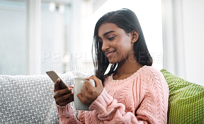 Buy stock photo Relax, coffee and woman on sofa with phone for social media, networking or streaming on weekend. Smile, connect and girl on couch with smartphone for communication, online chat or search in home.
