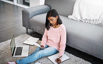 Buy stock photo Female student, laptop and notes on floor in lounge for learning and studying for education in house on weekend. Young person or scholar with tech and notebook for research, exam test and writing 